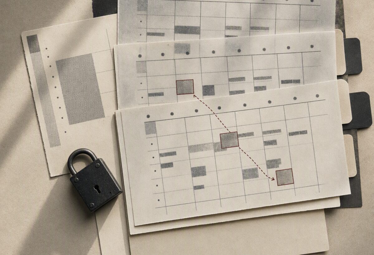 Layered paper calendar editions with one appointment moving between versions beside an archival lock